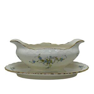 VTG Pope-Gosser China Fleurette Gravy Boat w/ Attached Underplate Gold Trim USA.